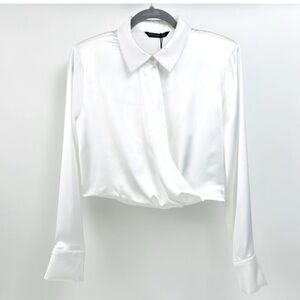 Stradivarius Cropped Satin Wrapped White Blouse Size XL New Without Tag